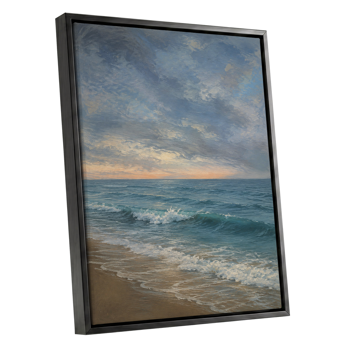 Where the Tide Glows, blue, gray, beige nature wall art shown as a black framed canvas wall art
