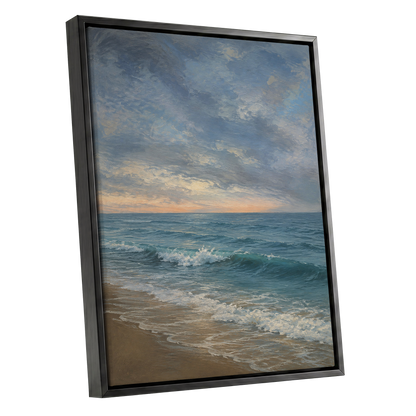 Where the Tide Glows, blue, gray, beige nature wall art shown as a black framed canvas wall art