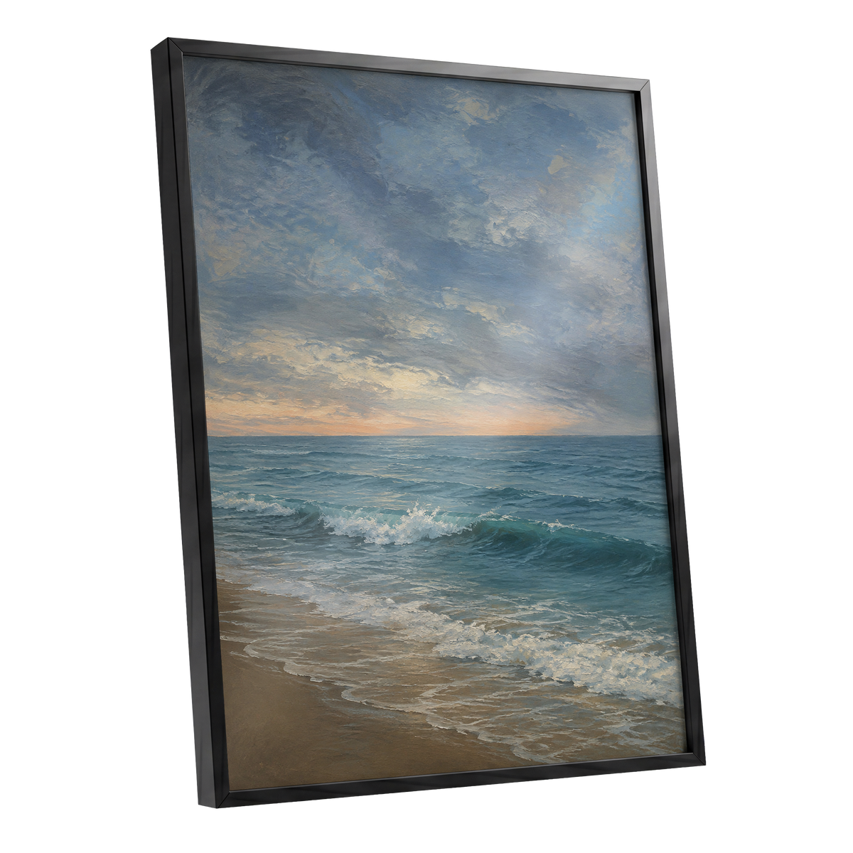 Where the Tide Glows, blue, gray, beige nature wall art shown as a black framed poster wall art print