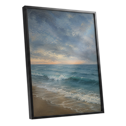 Where the Tide Glows, blue, gray, beige nature wall art shown as a black framed poster wall art print