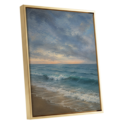 Where the Tide Glows, blue, gray, beige nature wall art shown as a gold framed canvas wall art
