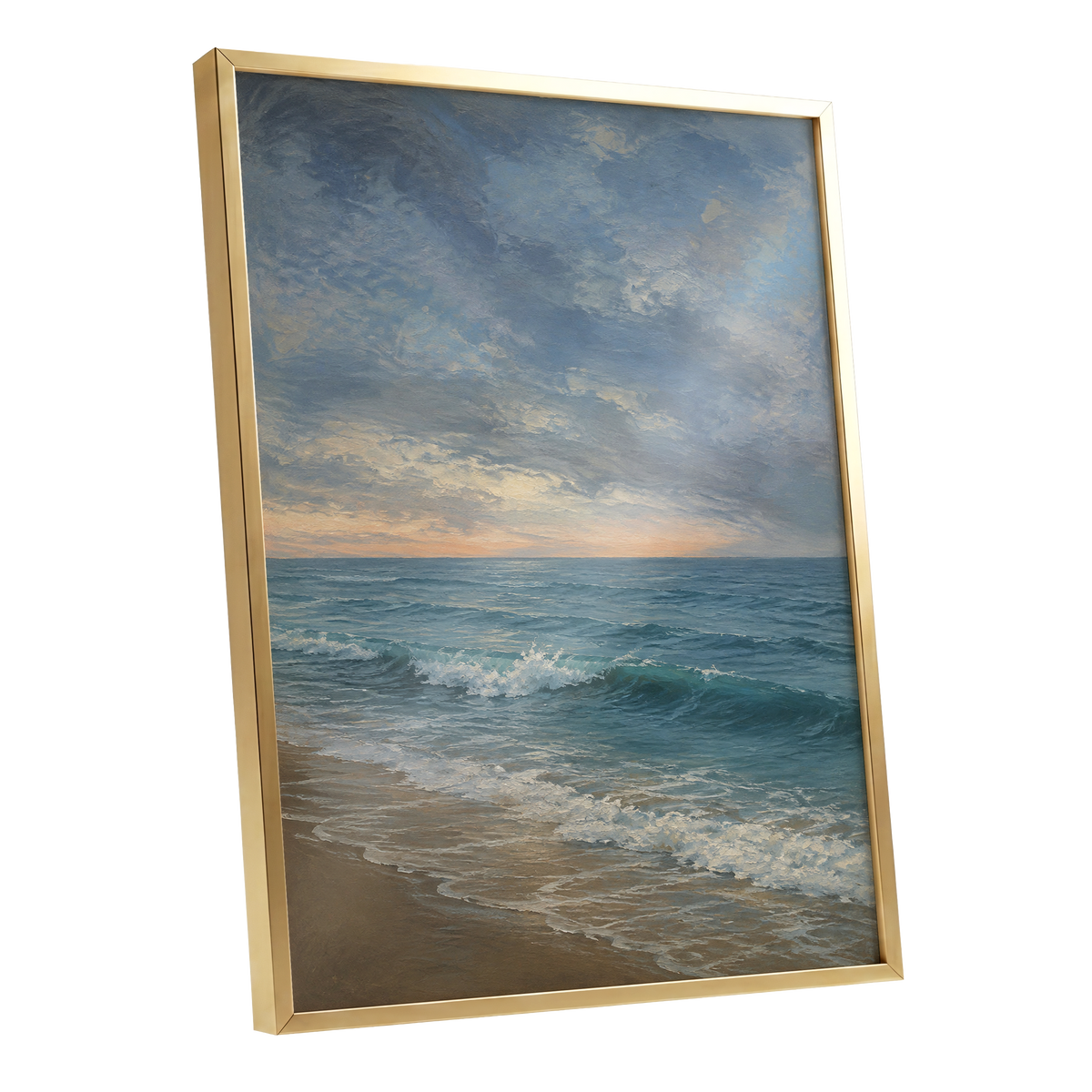 Where the Tide Glows, blue, gray, beige nature wall art shown as a gold framed poster wall art print