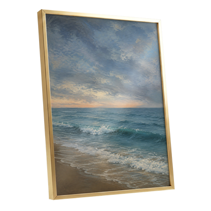 Where the Tide Glows, blue, gray, beige nature wall art shown as a gold framed poster wall art print