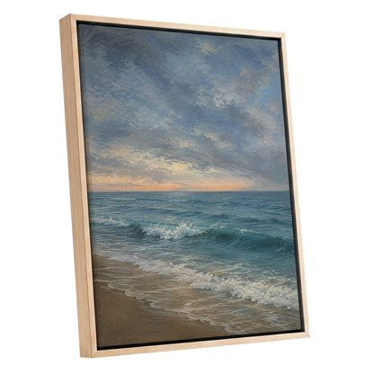 Where the Tide Glows, blue, gray, beige nature wall art shown as a oak framed canvas wall art