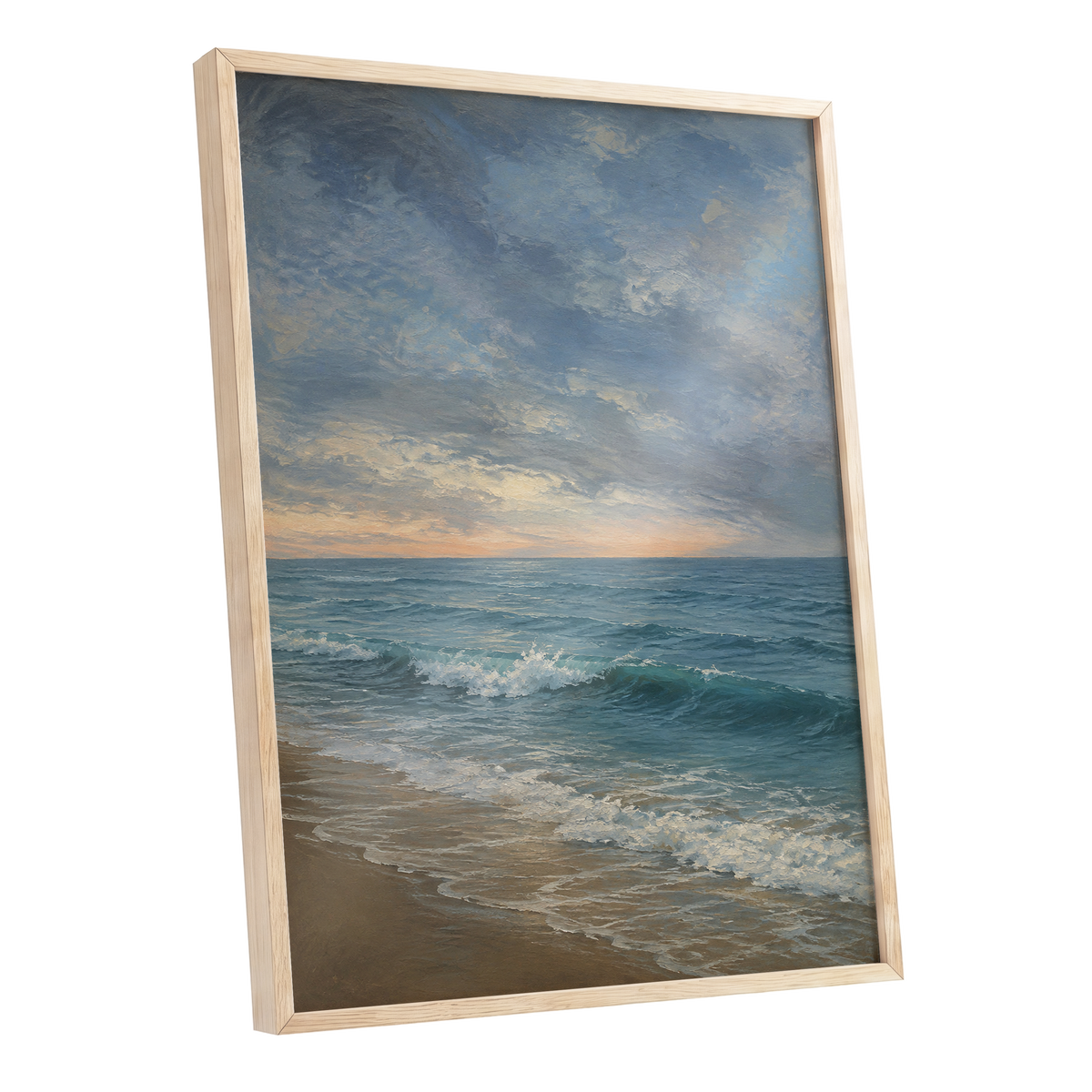 Where the Tide Glows, blue, gray, beige nature wall art shown as a oak framed poster wall art print