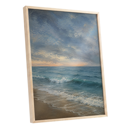 Where the Tide Glows, blue, gray, beige nature wall art shown as a oak framed poster wall art print