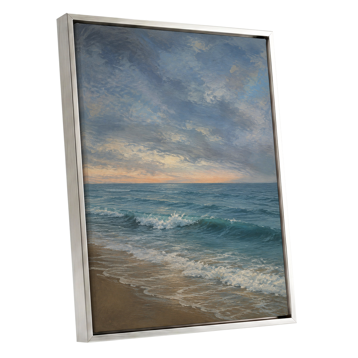 Where the Tide Glows, blue, gray, beige nature wall art shown as a silver framed canvas wall art