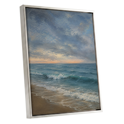 Where the Tide Glows, blue, gray, beige nature wall art shown as a silver framed canvas wall art