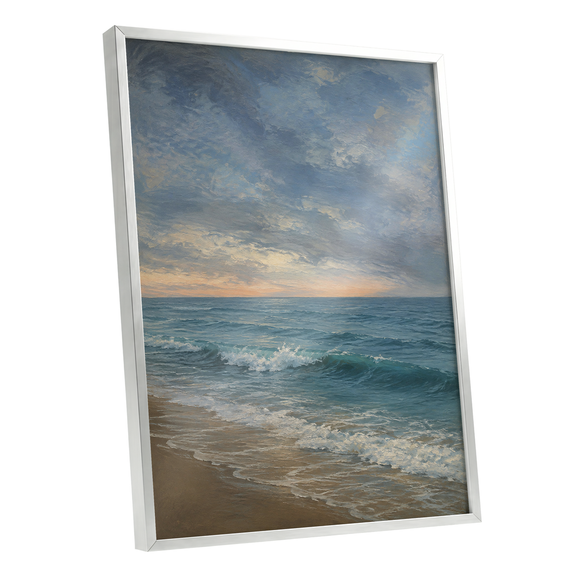 Where the Tide Glows, blue, gray, beige nature wall art shown as a silver framed poster wall art print
