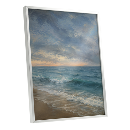 Where the Tide Glows, blue, gray, beige nature wall art shown as a silver framed poster wall art print