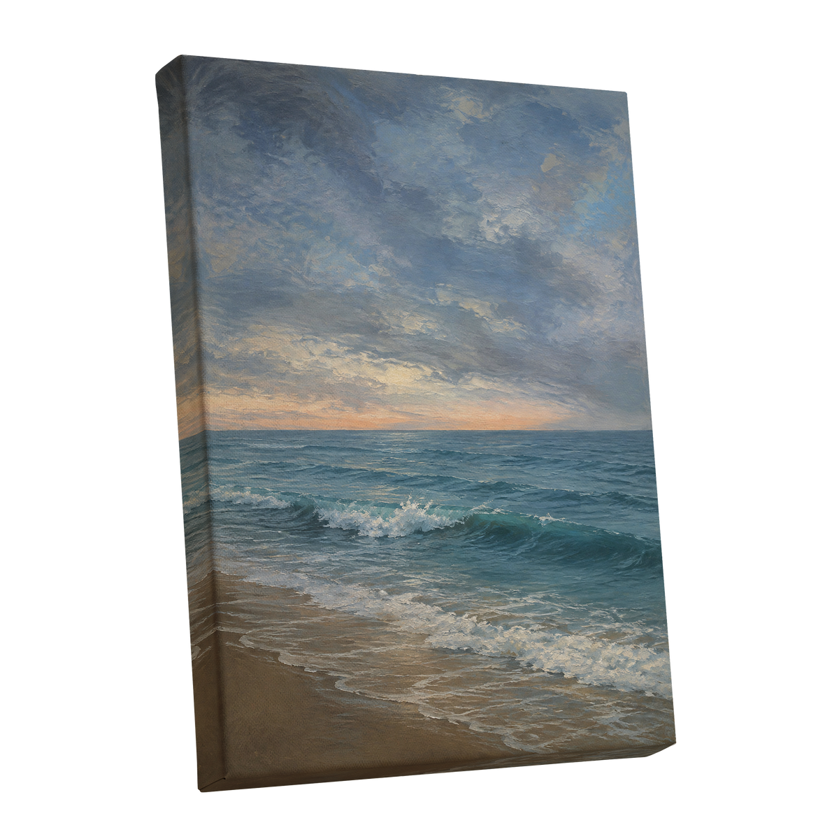 Where the Tide Glows, blue, gray, beige nature wall art shown as a stretched canvas wall art