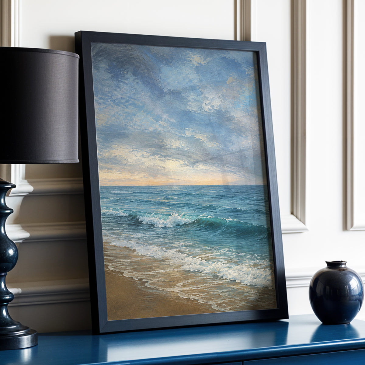Where the Tide Glows, blue, gray, beige nature wall art displayed in a styled interior, gallery view 2