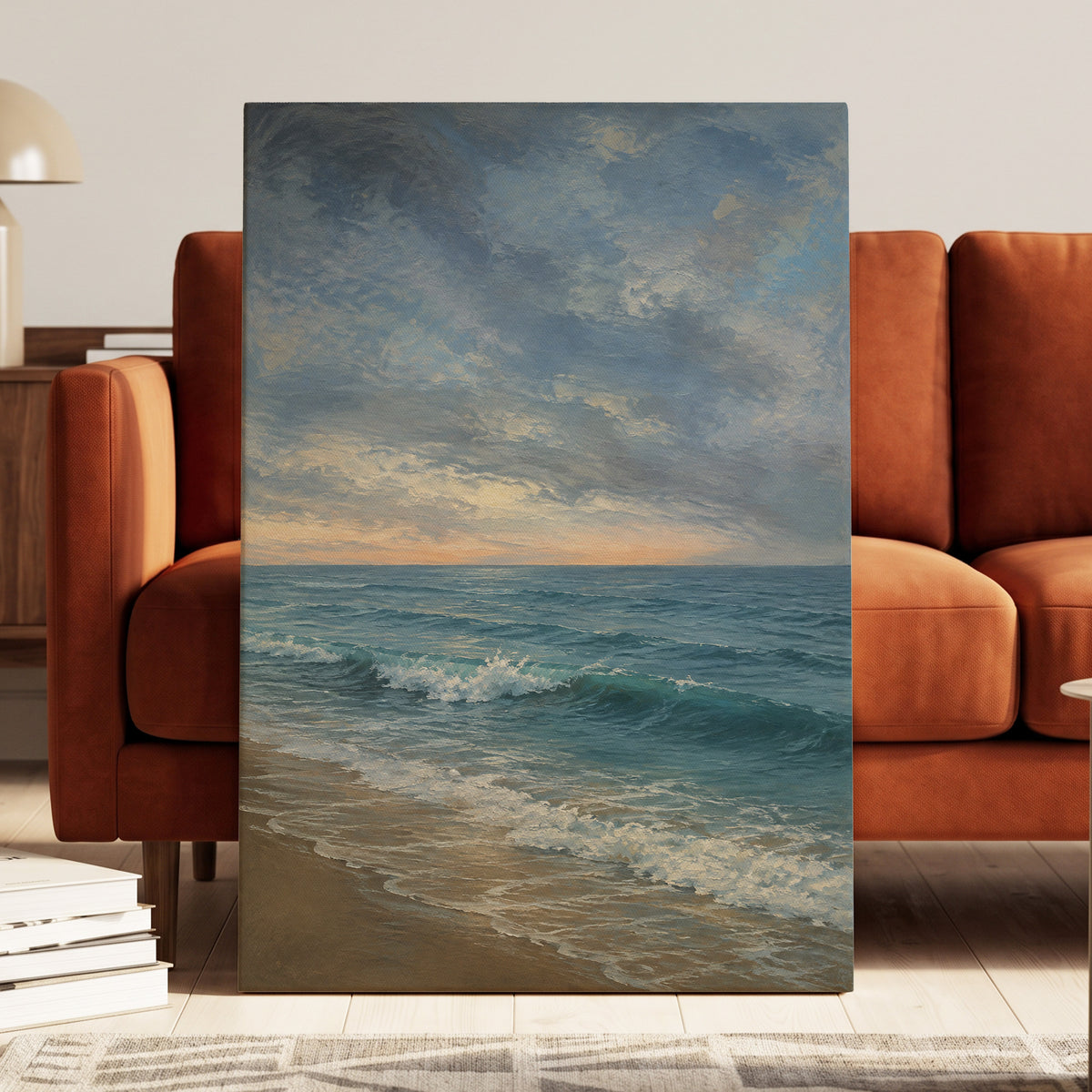 Where the Tide Glows, blue, gray, beige nature wall art displayed in a styled interior, gallery view 3