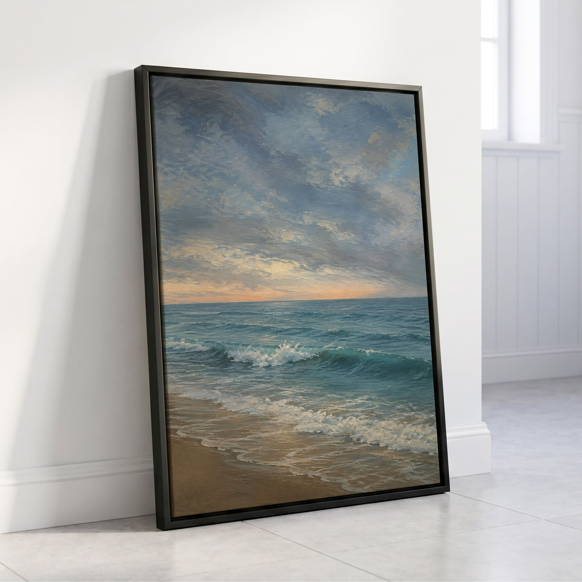 Where the Tide Glows, blue, gray, beige nature wall art displayed in a styled interior, gallery view 4