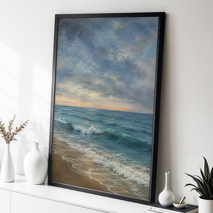 Where the Tide Glows, blue, gray, beige nature wall art displayed in a styled interior, gallery view 6