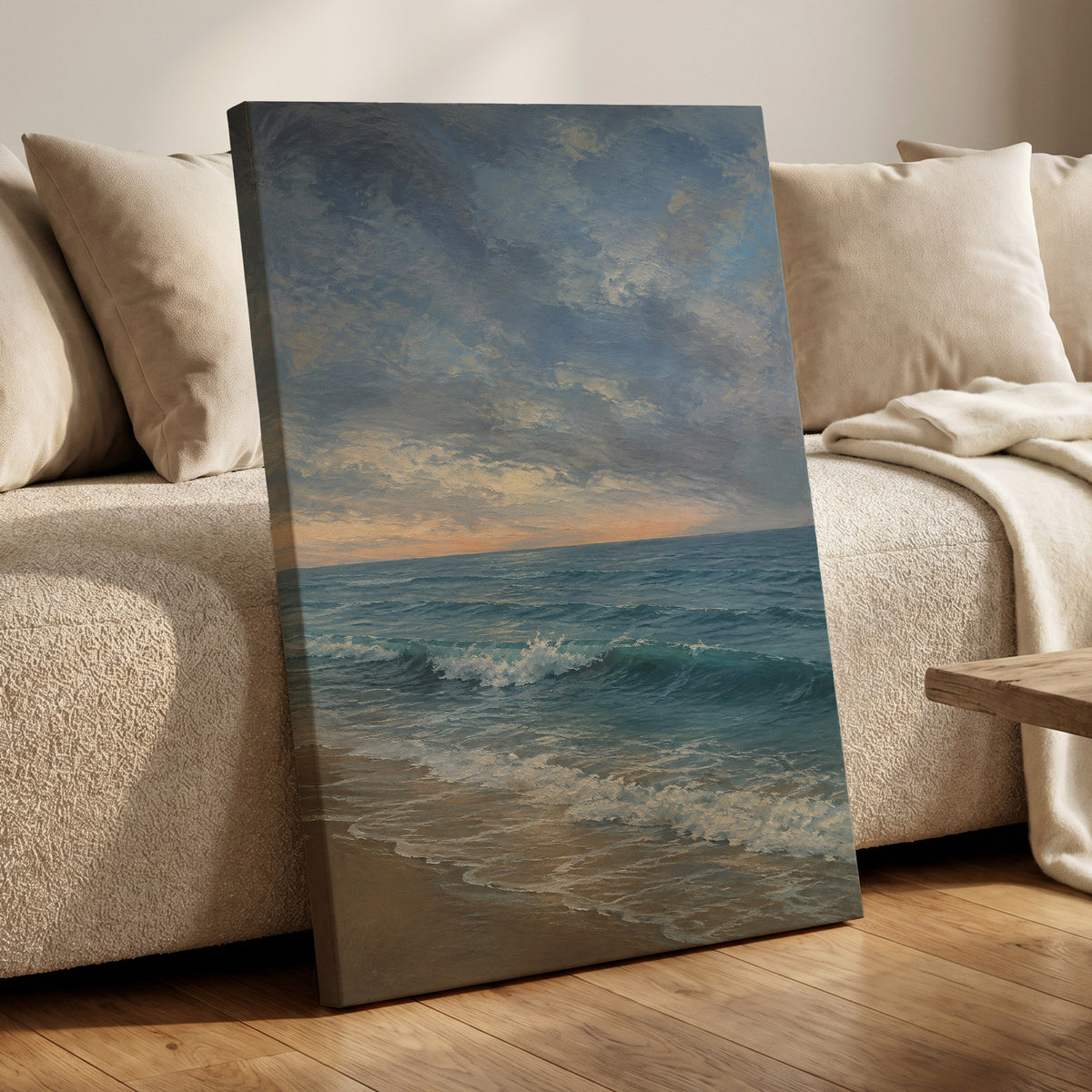 Where the Tide Glows, blue, gray, beige nature wall art displayed in a styled interior, gallery view 7