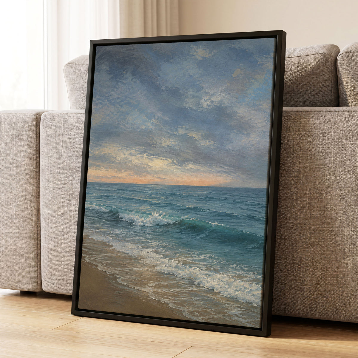 Where the Tide Glows, blue, gray, beige nature wall art displayed in a styled interior, gallery view 8