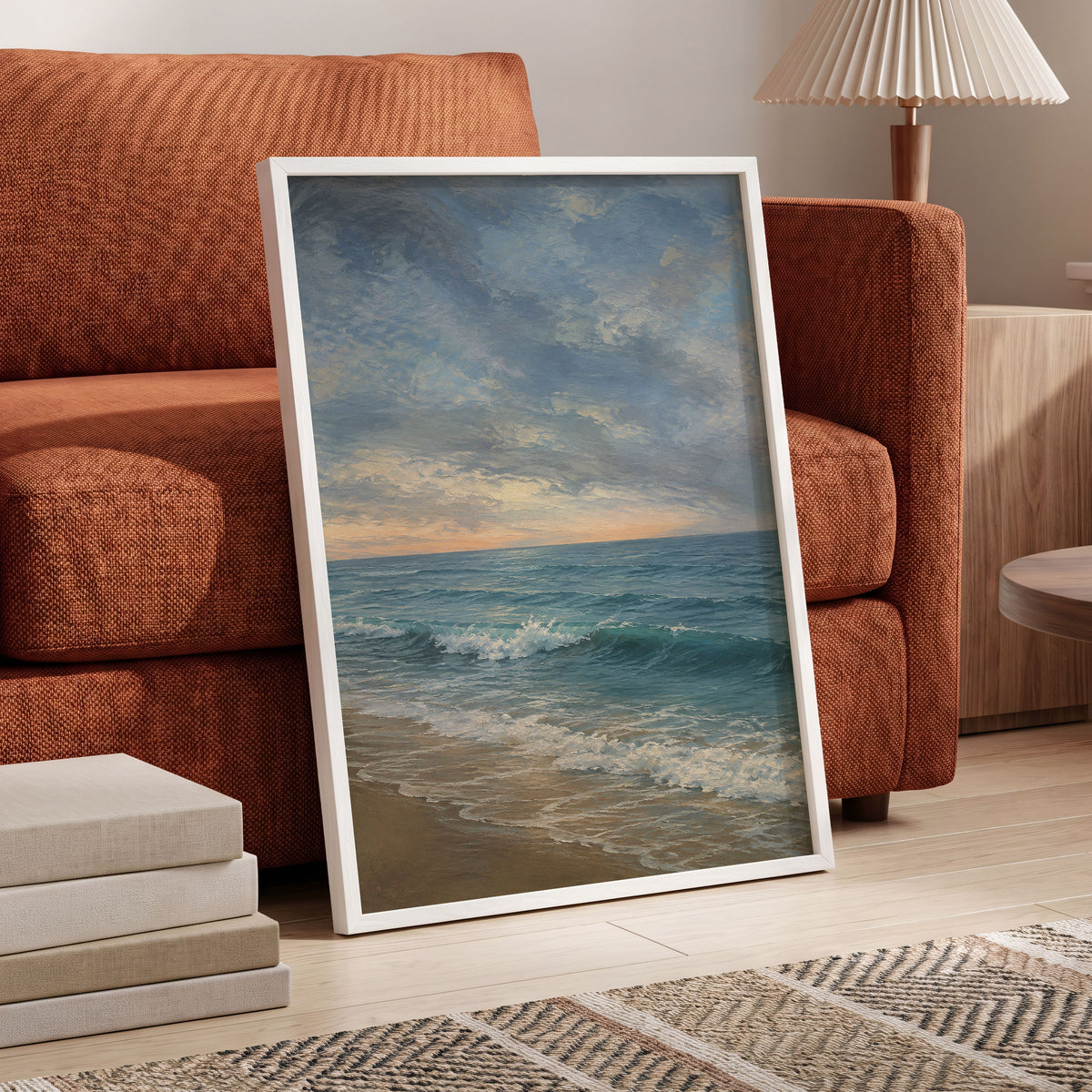 Where the Tide Glows, blue, gray, beige nature wall art displayed in a styled interior, gallery view 9