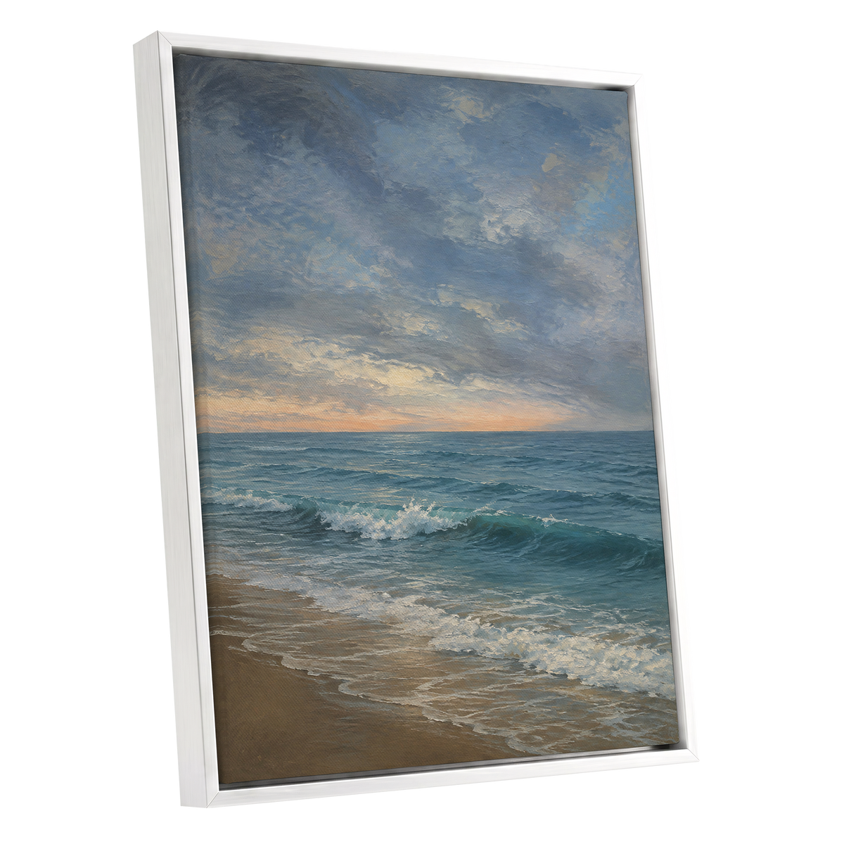 Where the Tide Glows, blue, gray, beige nature wall art shown as a white framed canvas wall art