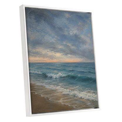 Where the Tide Glows, blue, gray, beige nature wall art shown as a white framed canvas wall art