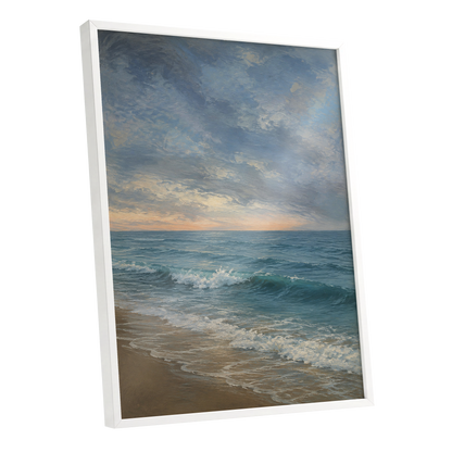 Where the Tide Glows, blue, gray, beige nature wall art shown as a white framed poster wall art print