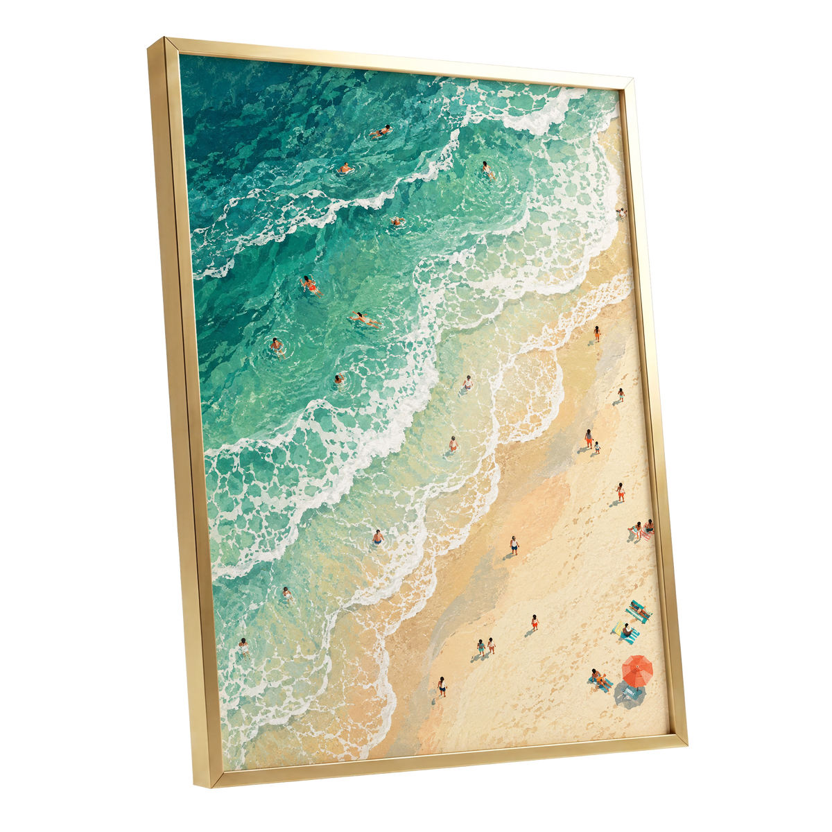 Where the Tide Wanders, blue, green, beige nature wall art shown as a gold framed poster wall art print