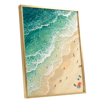 Where the Tide Wanders, blue, green, beige nature wall art shown as a gold framed poster wall art print