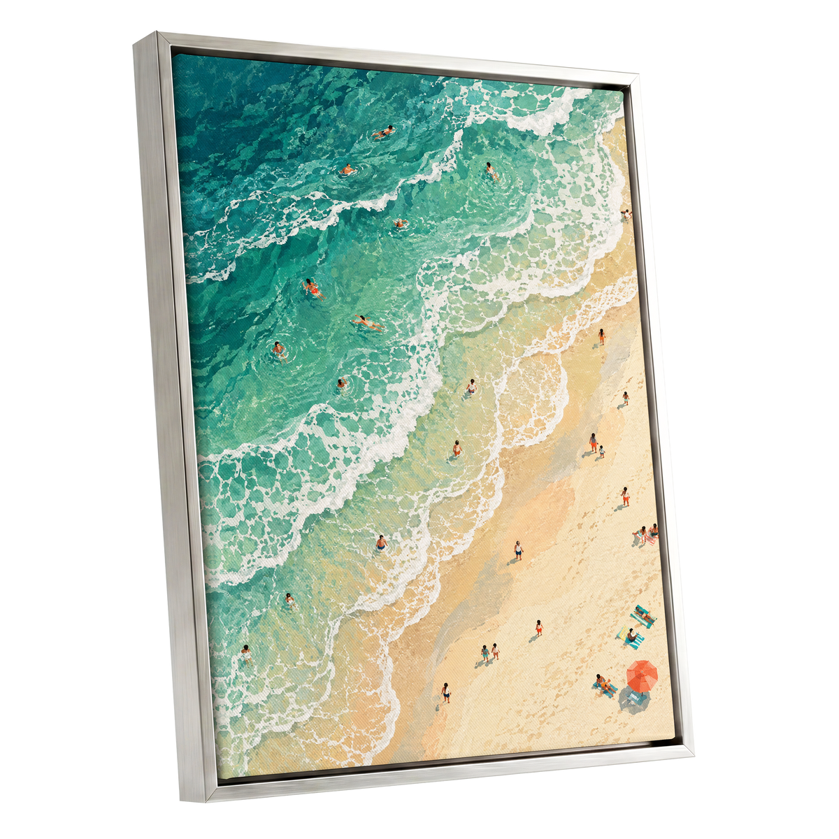 Where the Tide Wanders, blue, green, beige nature wall art shown as a silver framed canvas wall art