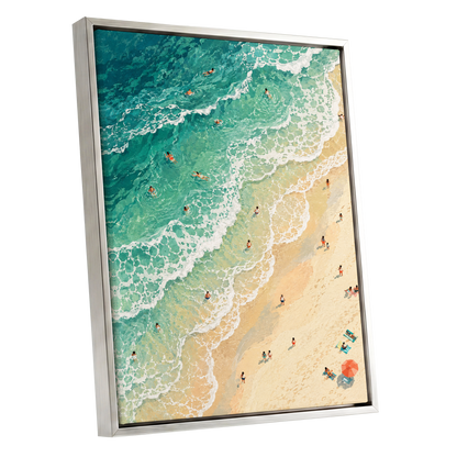 Where the Tide Wanders, blue, green, beige nature wall art shown as a silver framed canvas wall art