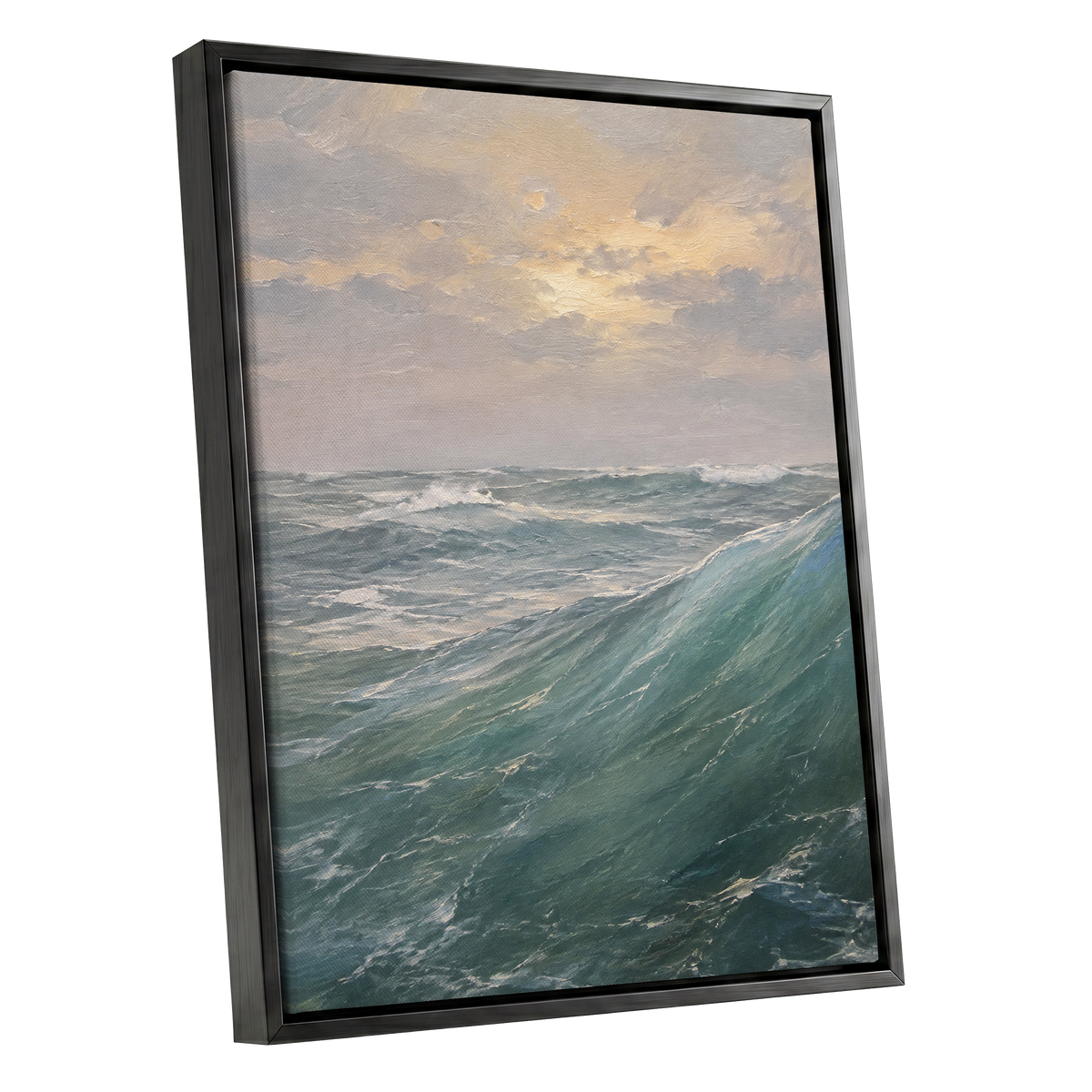 Where Waves Gather, blue, green, gray nature wall art shown as a black framed canvas wall art