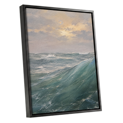 Where Waves Gather, blue, green, gray nature wall art shown as a black framed canvas wall art