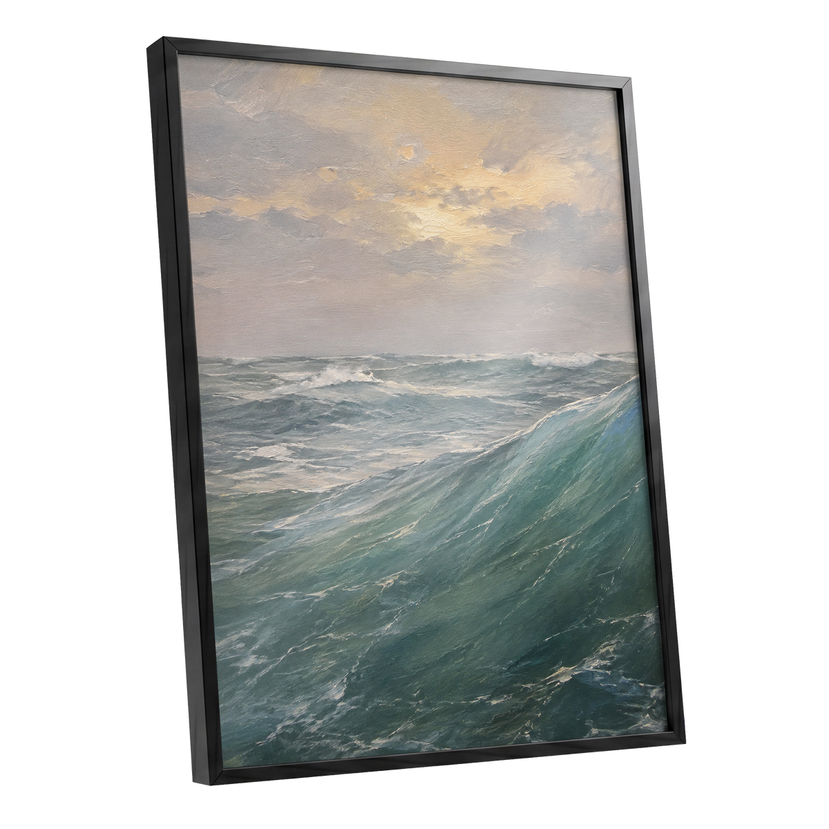 Where Waves Gather, blue, green, gray nature wall art shown as a black framed poster wall art print