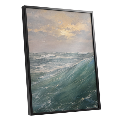 Where Waves Gather, blue, green, gray nature wall art shown as a black framed poster wall art print