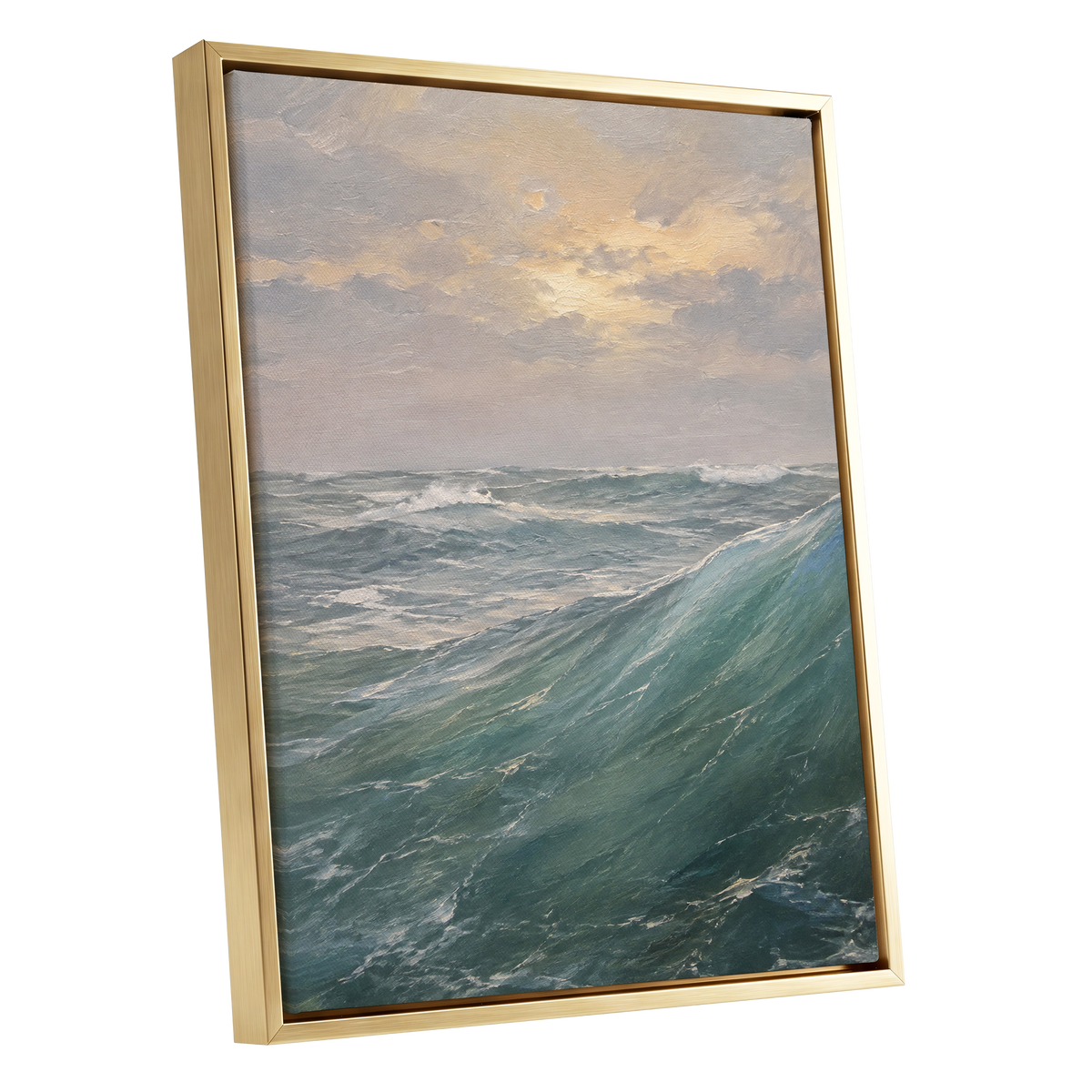 Where Waves Gather, blue, green, gray nature wall art shown as a gold framed canvas wall art