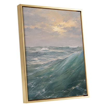 Where Waves Gather, blue, green, gray nature wall art shown as a gold framed canvas wall art