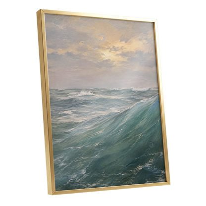 Where Waves Gather, blue, green, gray nature wall art shown as a gold framed poster wall art print