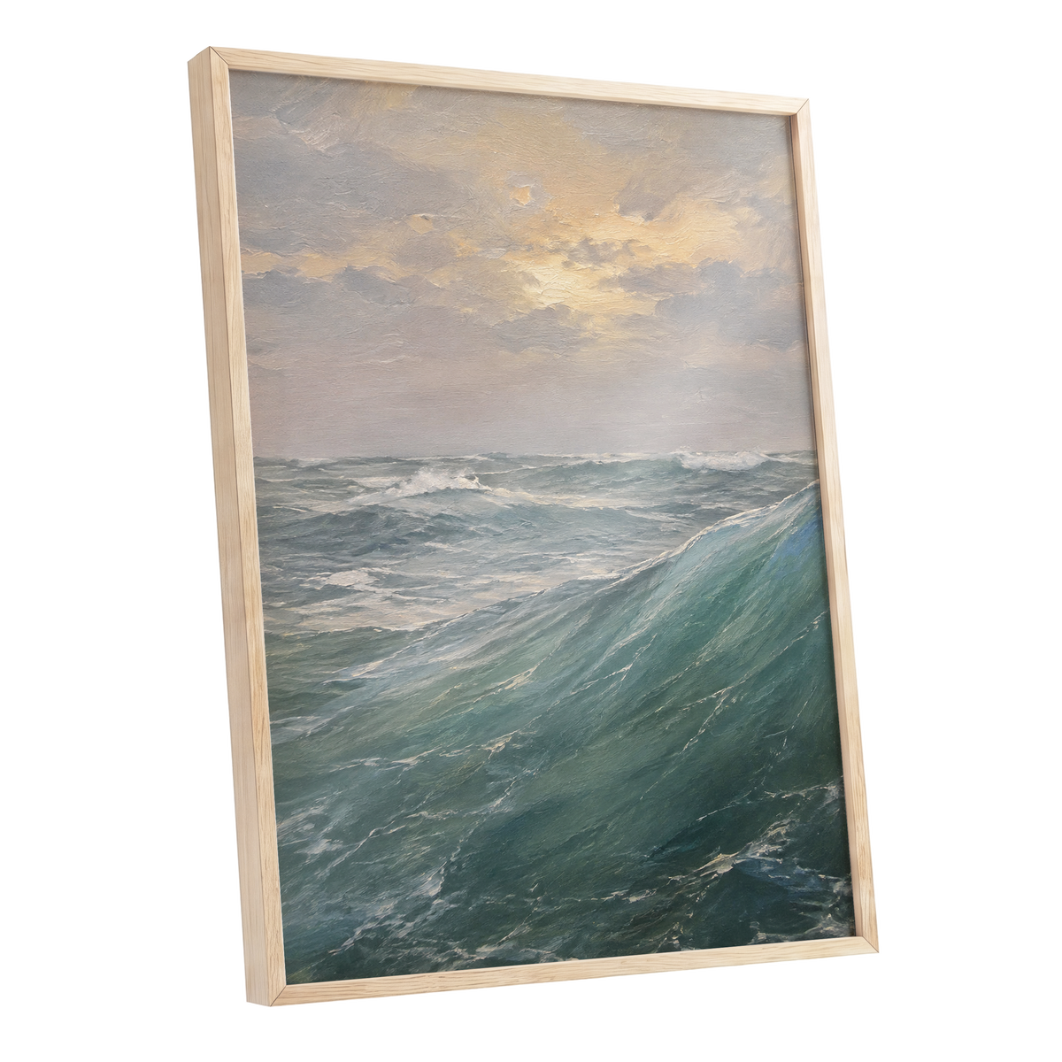 Where Waves Gather, blue, green, gray nature wall art shown as a oak framed poster wall art print