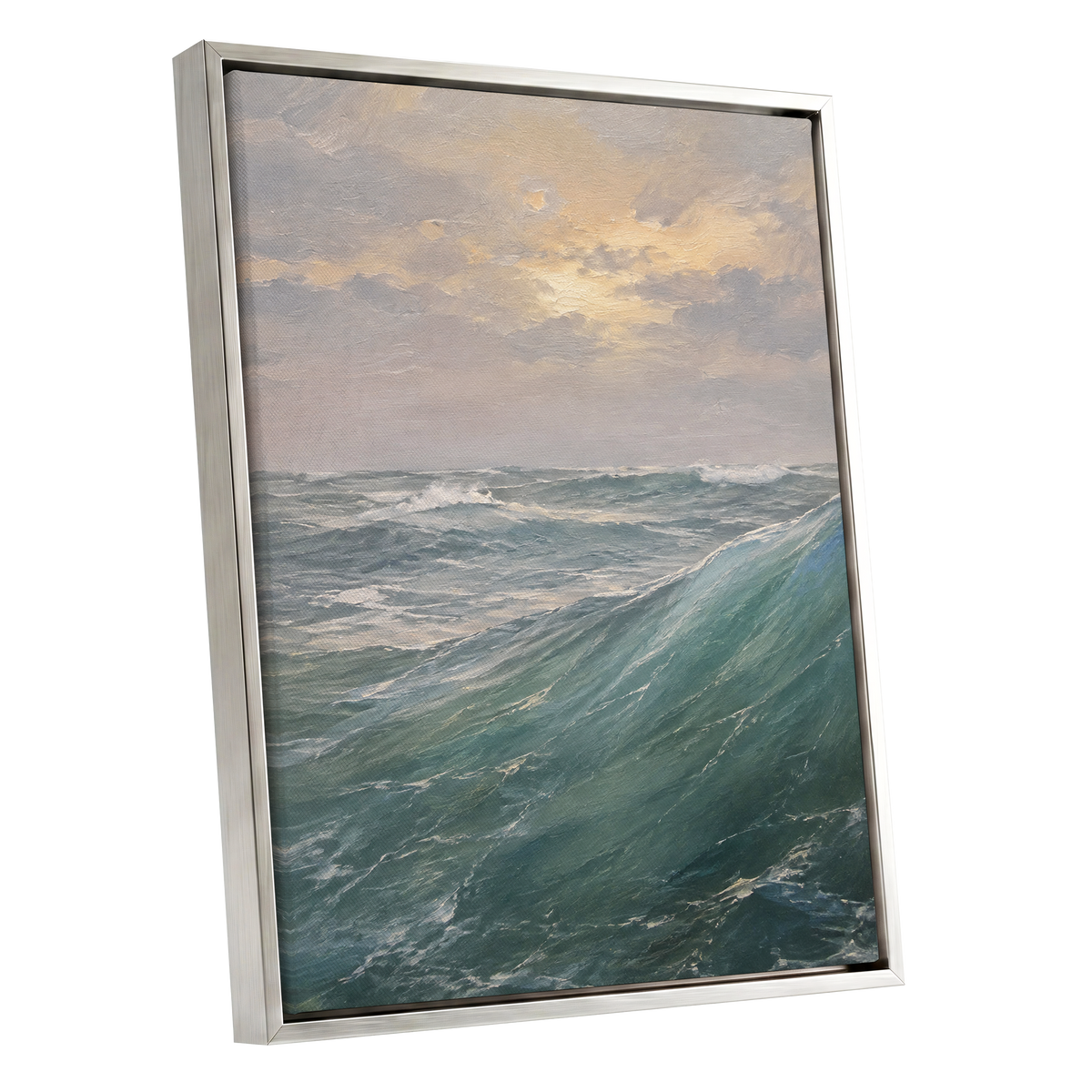 Where Waves Gather, blue, green, gray nature wall art shown as a silver framed canvas wall art