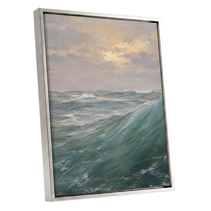 Where Waves Gather, blue, green, gray nature wall art shown as a silver framed canvas wall art