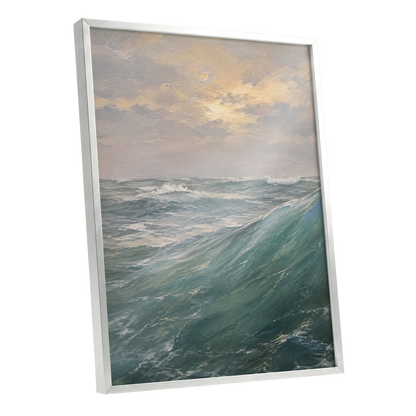 Where Waves Gather, blue, green, gray nature wall art shown as a silver framed poster wall art print