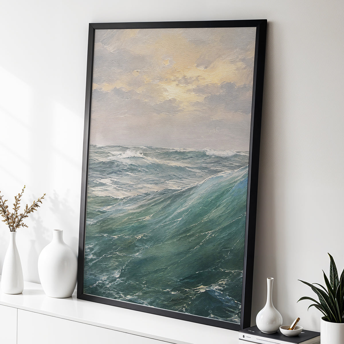Where Waves Gather, blue, green, gray nature wall art displayed in a styled interior, gallery view 2