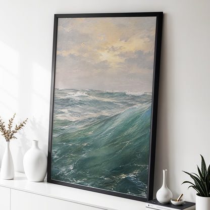 Where Waves Gather, blue, green, gray nature wall art displayed in a styled interior, gallery view 2
