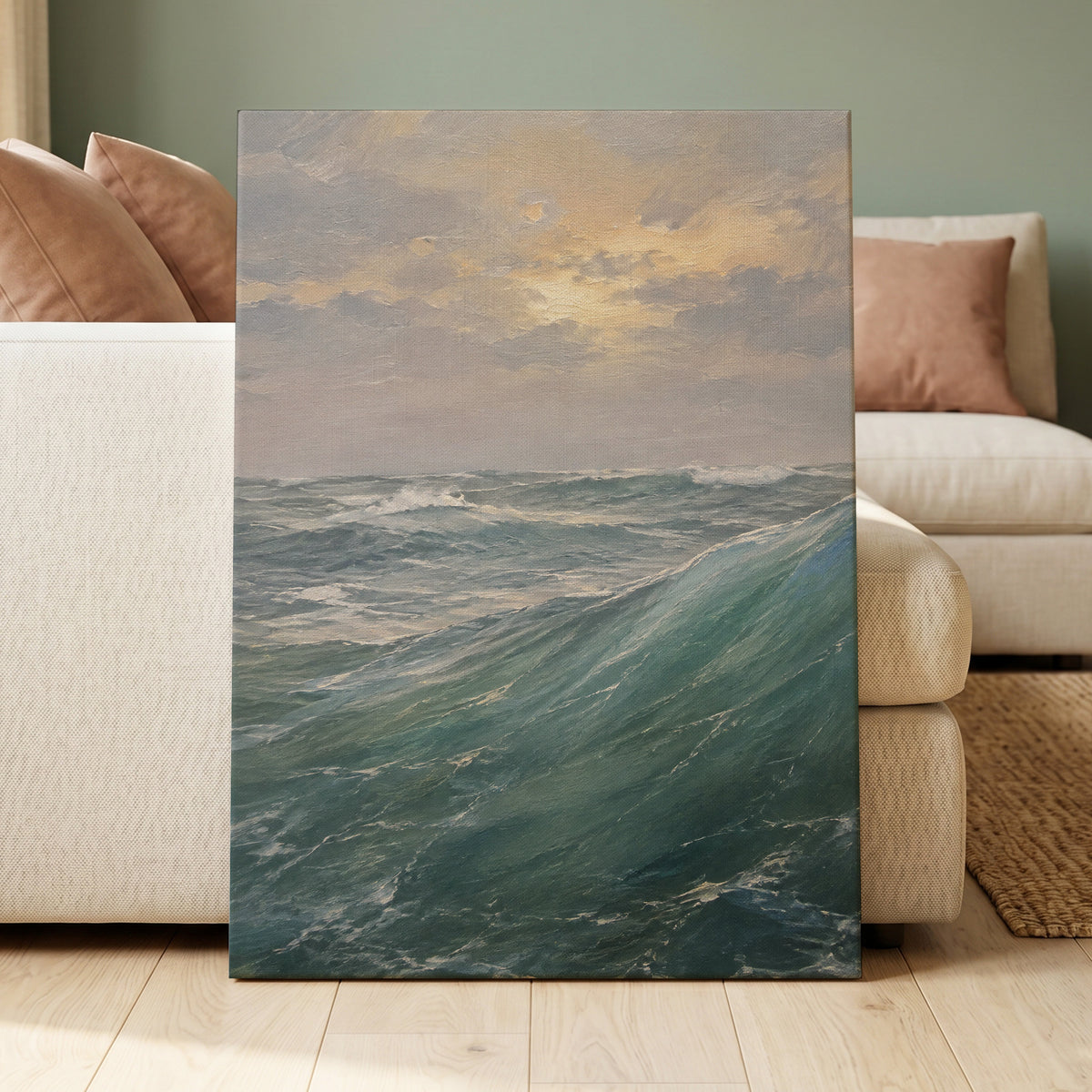 Where Waves Gather, blue, green, gray nature wall art displayed in a styled interior, gallery view 3