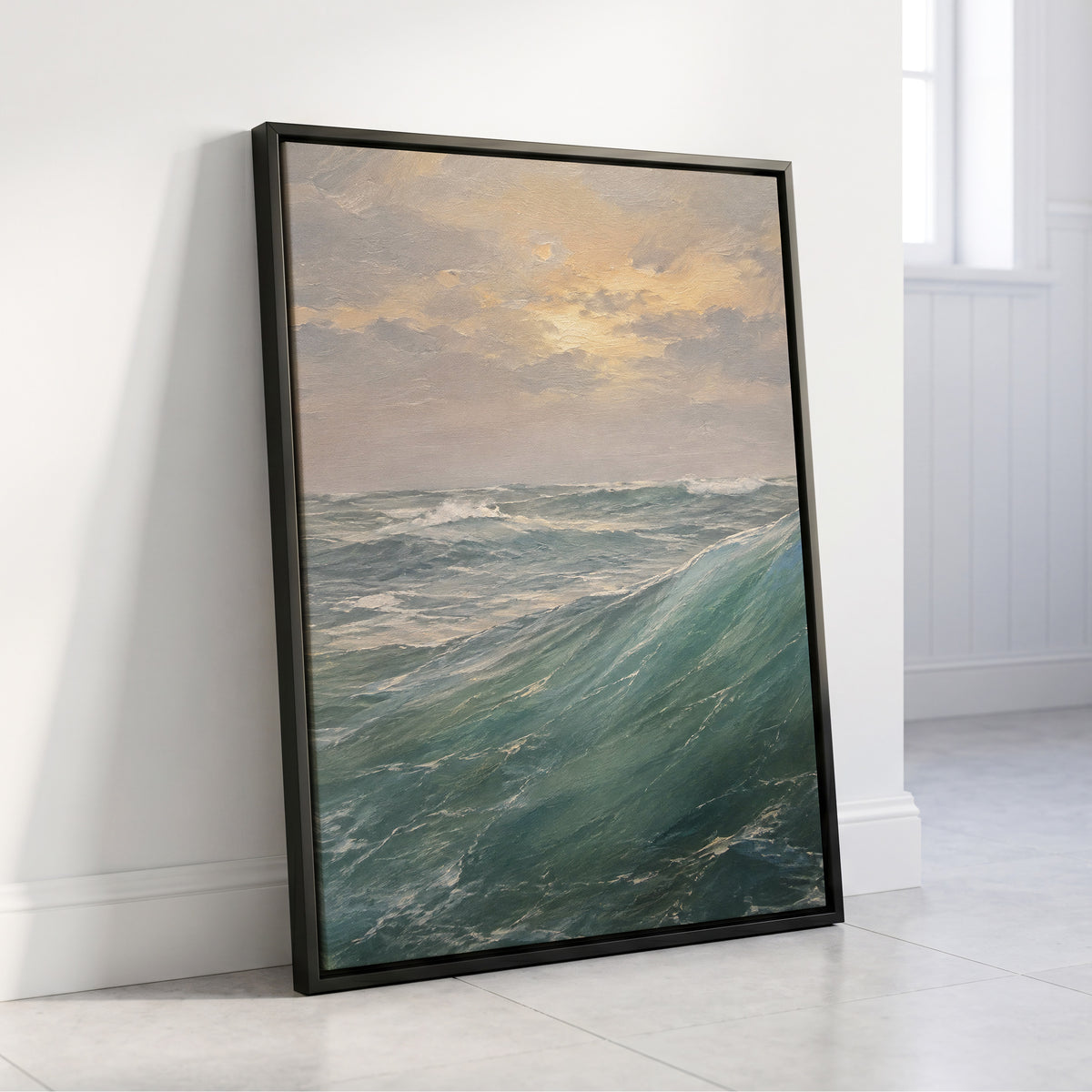 Where Waves Gather, blue, green, gray nature wall art displayed in a styled interior, gallery view 4