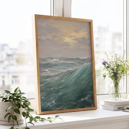 Where Waves Gather, blue, green, gray nature wall art displayed in a styled interior, gallery view 6
