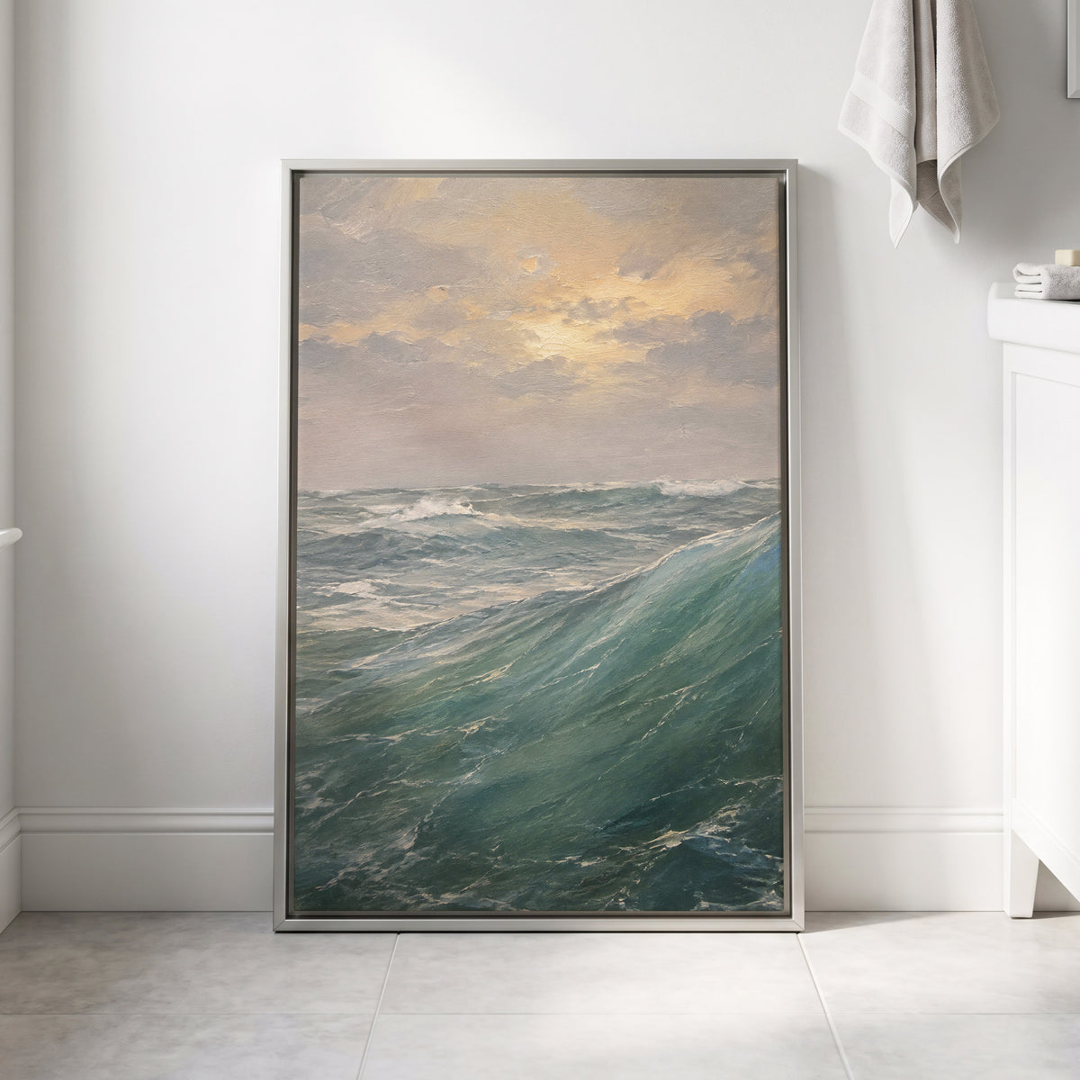 Where Waves Gather, blue, green, gray nature wall art displayed in a styled interior, gallery view 8