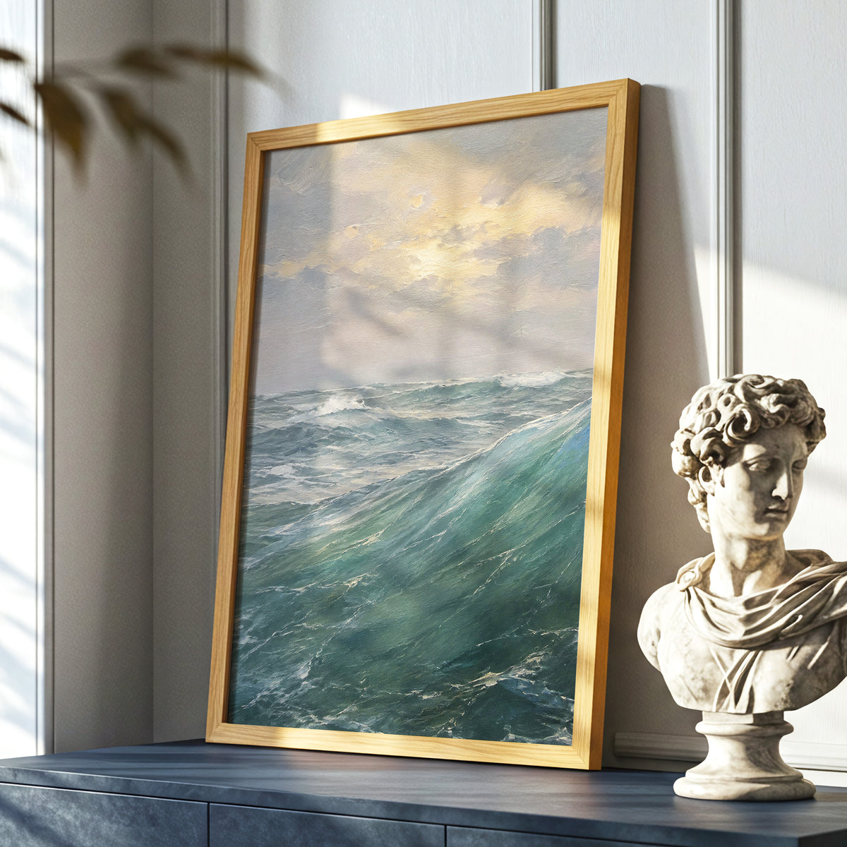 Where Waves Gather, blue, green, gray nature wall art displayed in a styled interior, gallery view 9