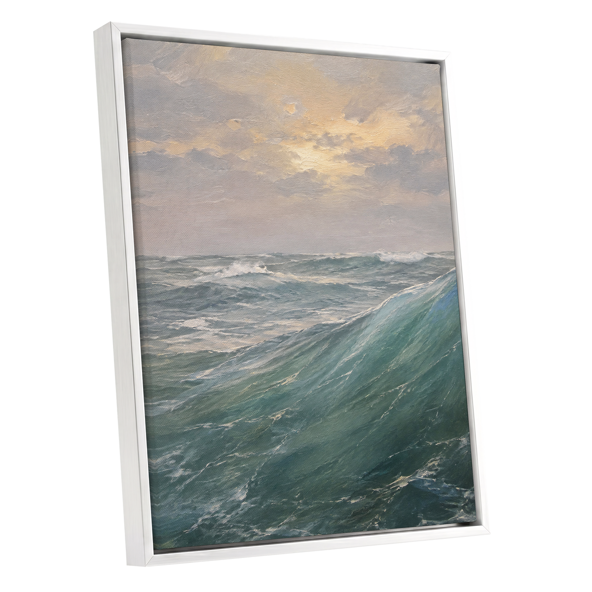 Where Waves Gather, blue, green, gray nature wall art shown as a white framed canvas wall art