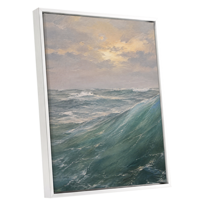 Where Waves Gather, blue, green, gray nature wall art shown as a white framed canvas wall art