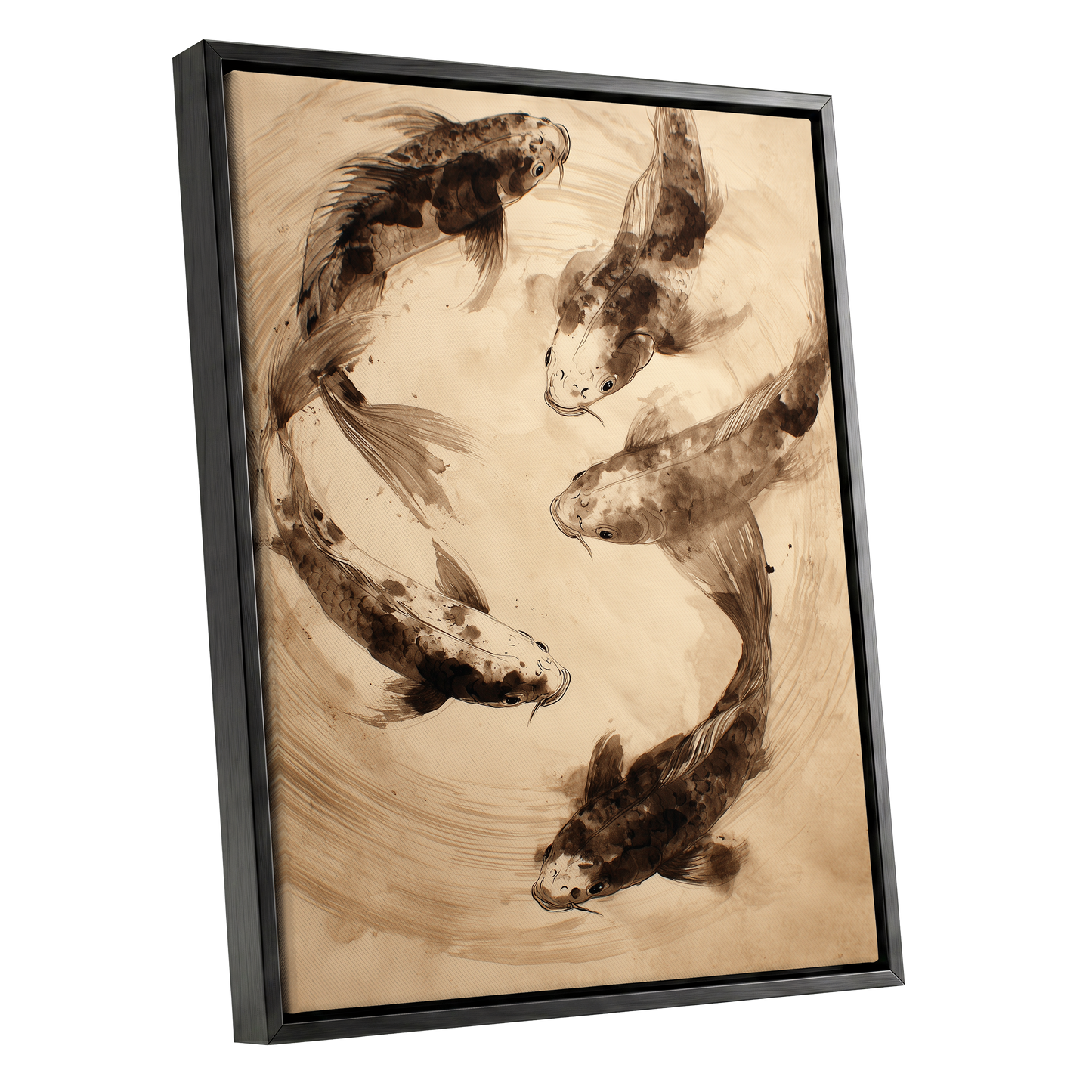 Whirling Sable Shoal, beige, brown, black nature wall art shown as a black framed canvas wall art
